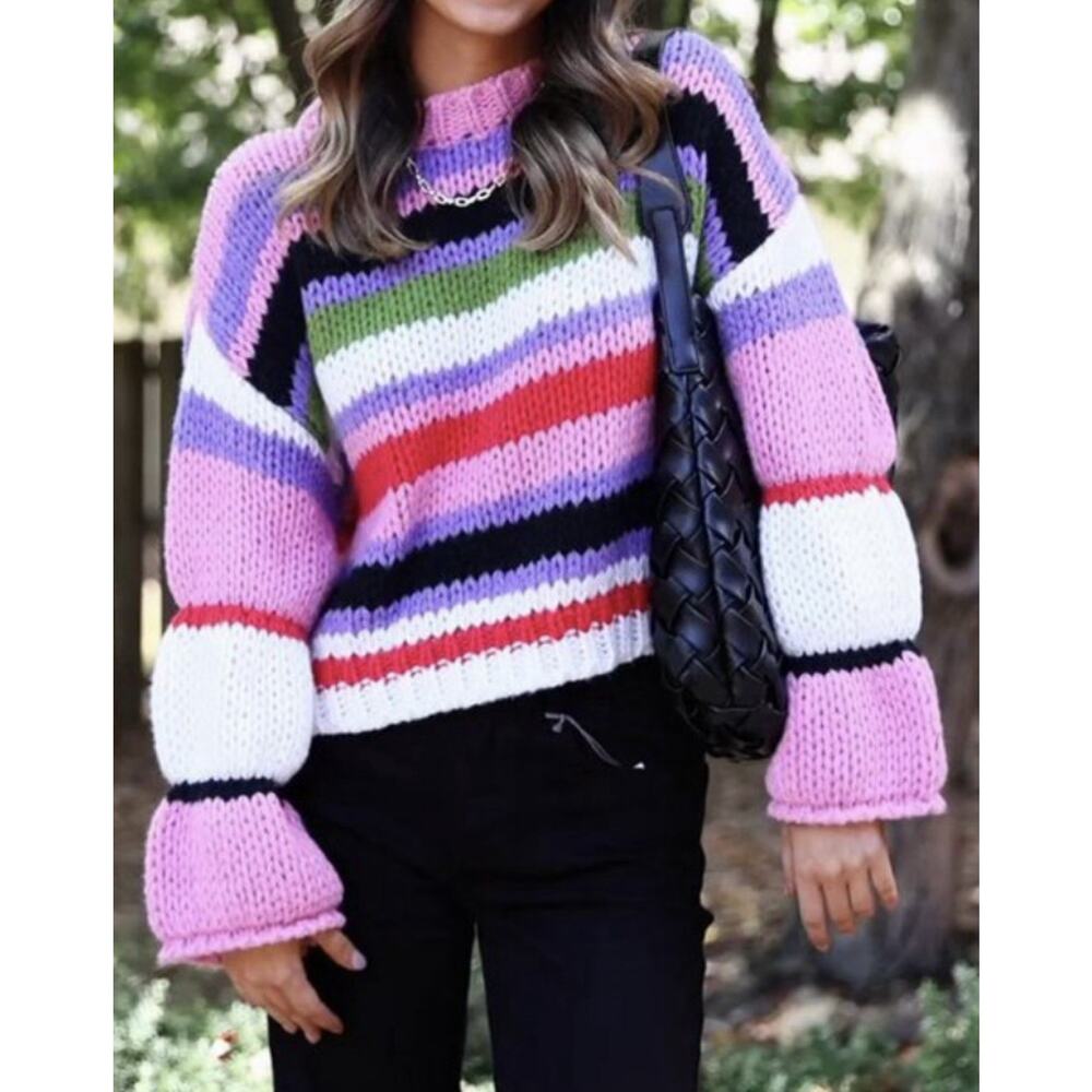 BiBi Sweater M Chunky Knit Striped Bell Sleeve Crop Pullover Colorful Boho NWT - Picture 9 of 9